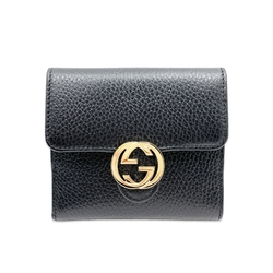 【福利品】GUCCI 經典GG金屬LOGO皮革扣式零錢夾短夾 黑色