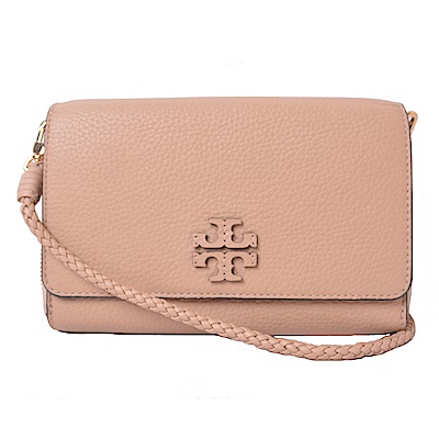 TORY BURCH TAYLOR雙層掀蓋式立體LOGO編織背帶手拿/斜背包-優雅粉膚