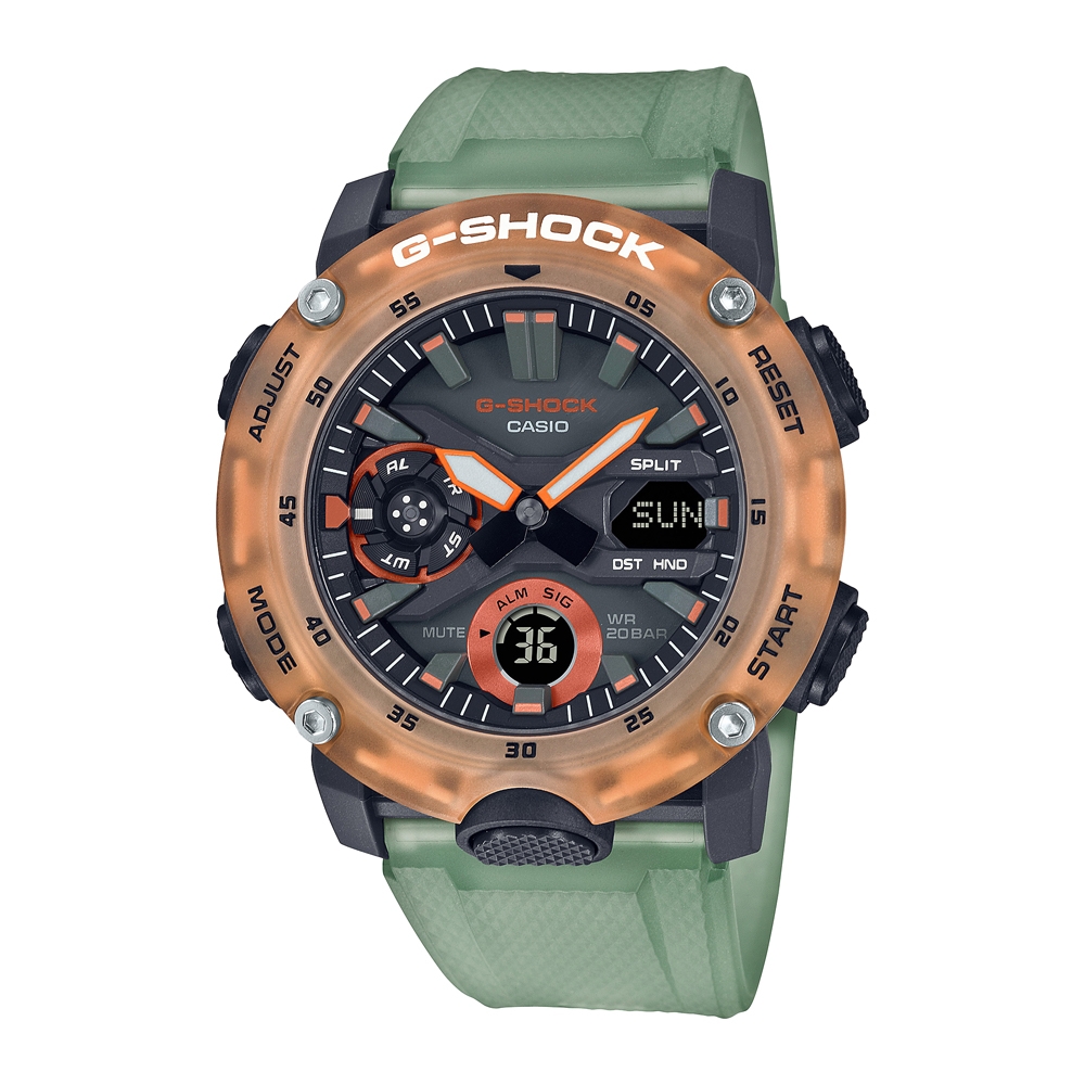 CASIO卡西歐 G-SHOCK 半透明 秘境海岸 橘x軍綠 替換式錶帶 GA-2000HC-3A_48mm