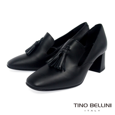 Tino Bellini義大利進口牛皮流蘇樂福中跟鞋_黑