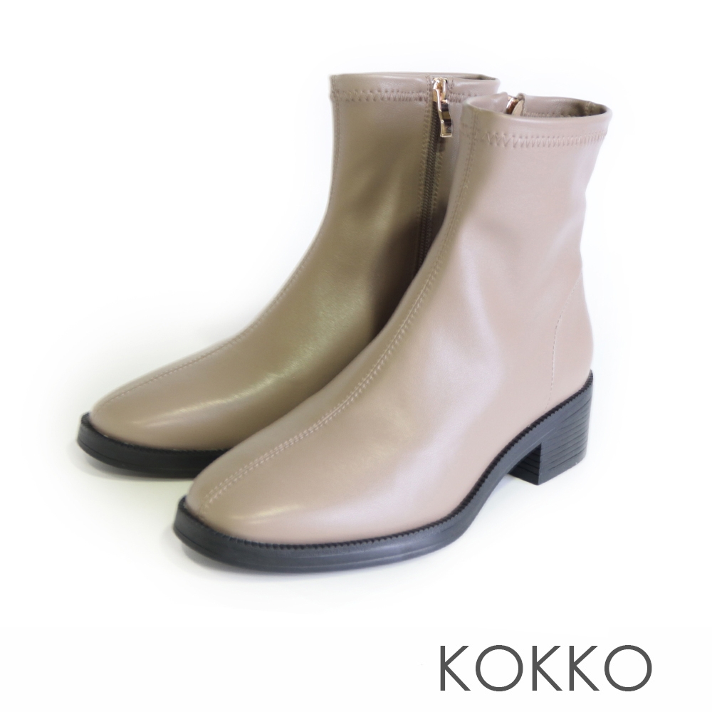 KOKKO超舒適百搭素面方頭彈力短靴駝灰色