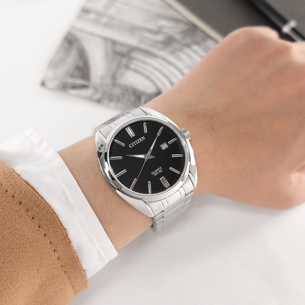 CITIZEN 星辰表 / BI5100-58E / 極簡時尚 礦石強化玻璃 日本機芯 日期 不鏽鋼手錶-黑色/41mm