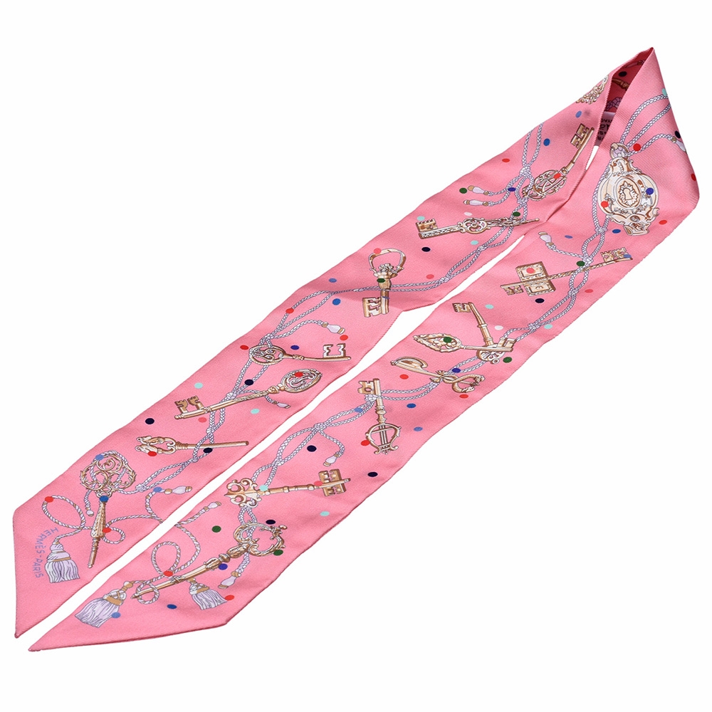 HERMES Les Cles a Pois鑰匙圖騰Twilly絲巾領結(粉紅色) | 精品服飾/鞋子 | Yahoo奇摩購物中心