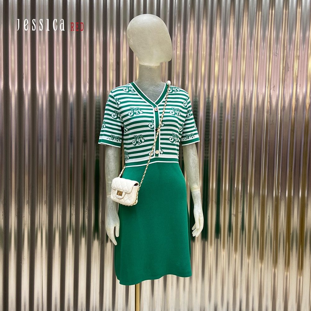 JESSICA RED - 氣質修身拼接條紋V領短袖針織洋裝（綠）823181