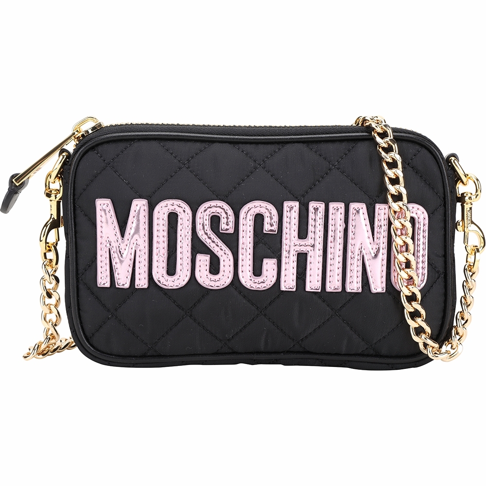 MOSCHINO 粉字菱格絎縫尼龍可拆鍊帶手拿/斜背包(黑色)