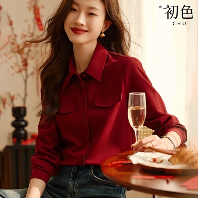 初色 純色翻領單排扣寬鬆長袖襯衫上衣女上衣-深紅色-32687(M-2XL可選/現貨+預購)