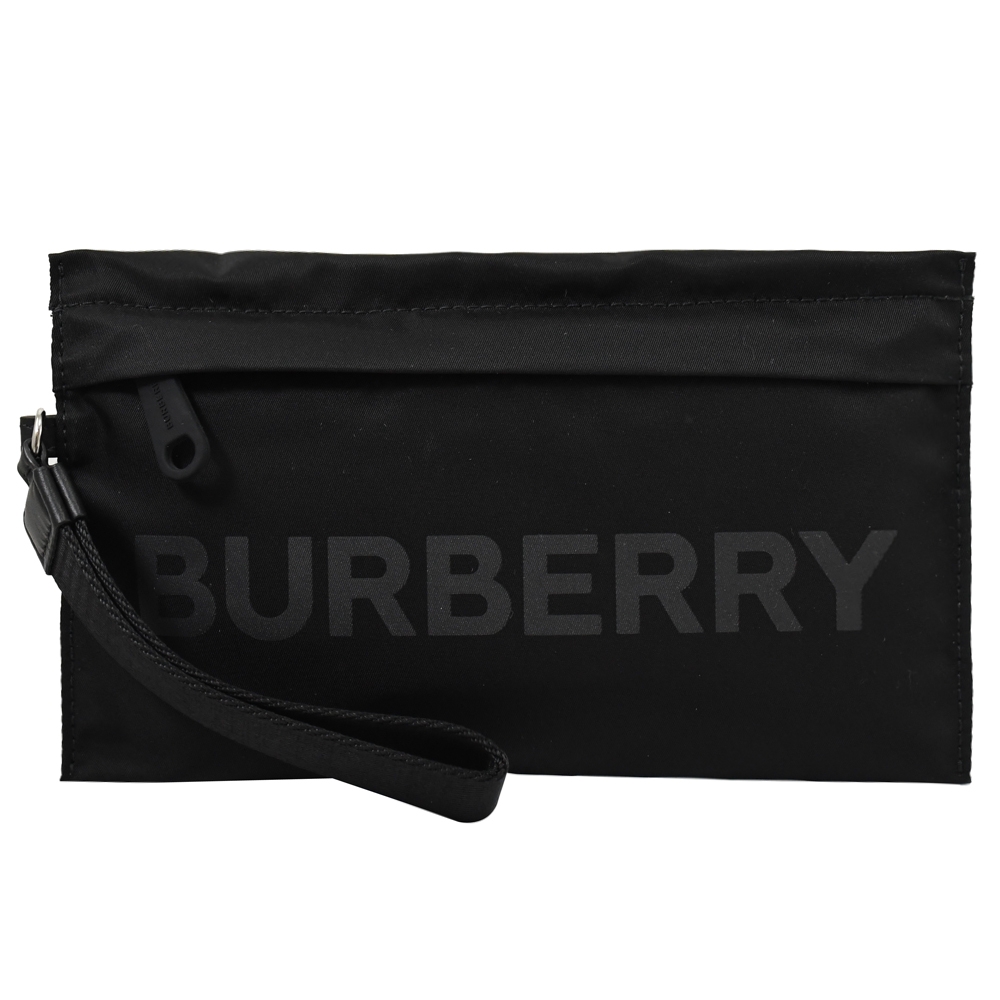 BURBERRY 簡約燙印LOGO防潑水尼龍拉鍊手拿包/收納包(黑)