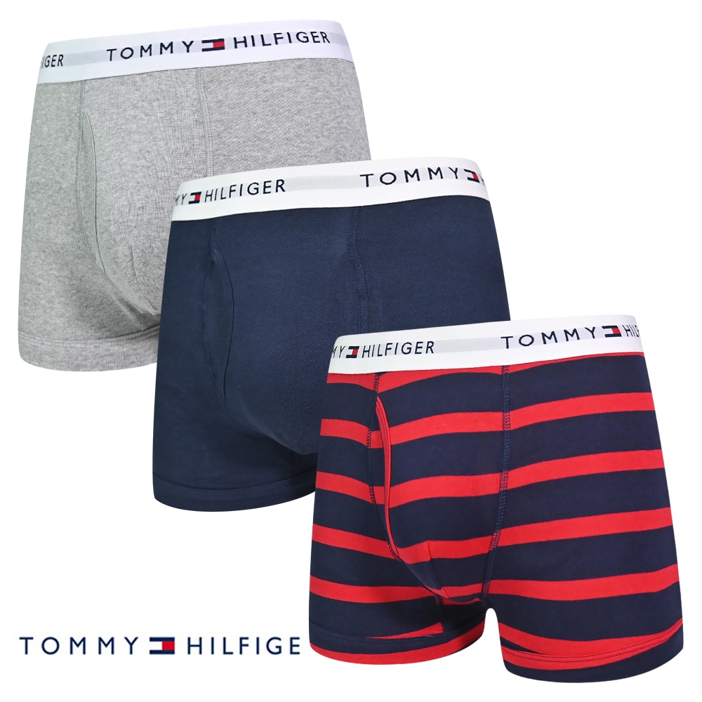 Tommy Hilfiger Cotton Stretch 男內褲 短版棉質高彈性合身平口褲/Tommy四角褲-紅藍條紋、灰、海軍藍 三入組(22)