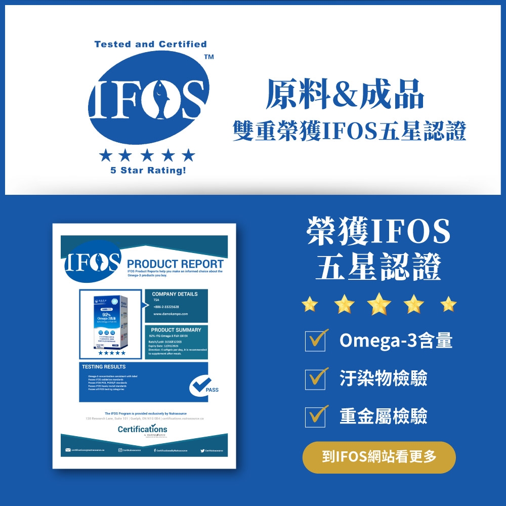 Tested and CertifiedTM5 Star Rating!原料&成品雙重榮獲五星認證 PRODUCT REPORT92TESTING RESULTS  Product  help you make an   about the-3 products you buyCOMPANY DETAILSTSAPRODUCT SUMMARY92%  Omega-3               The IFOS Program is provided exclusively by 120   Suite 101   ON     Certifications PASS榮獲IFOS五星認證 Omega-3含量 汙染物檢驗M 重金屬檢驗到IFOS網站看更多