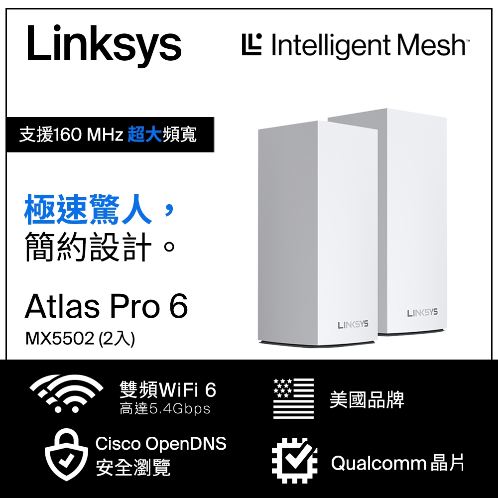 Linksys Atlas 6 Pro AX5400雙頻 MX5502 Mesh WiFi6網狀路由器(兩入)