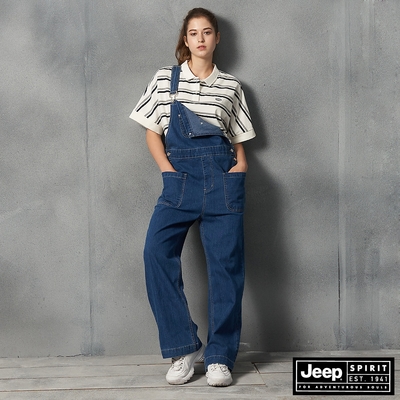 Jeep 女裝 時尚俏皮吊帶長褲-藍