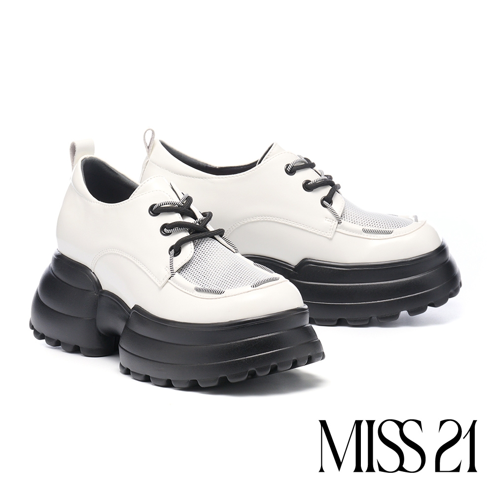 厚底鞋 MISS 21 叛逆潮感異材質拼接雙綁帶大頭厚底鞋－米白