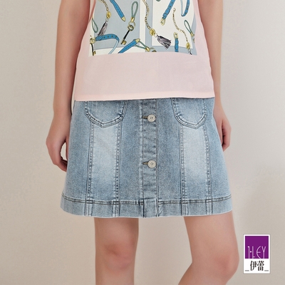 ILEY伊蕾 刷白多片剪裁排釦彈性棉質牛仔裙(淺藍色；M-XL)1222078276