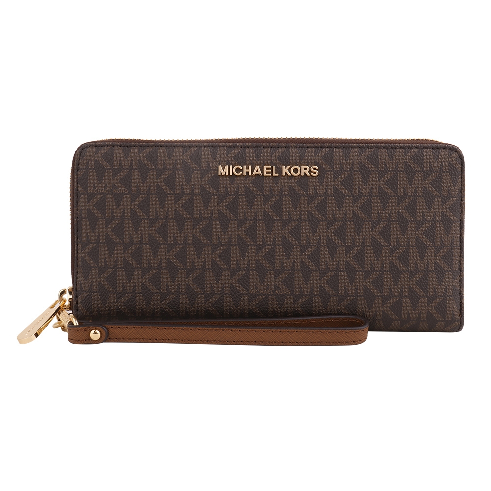 MICHAEL KORS  金字滿版防刮LOGO掛帶拉鍊長夾(深咖)