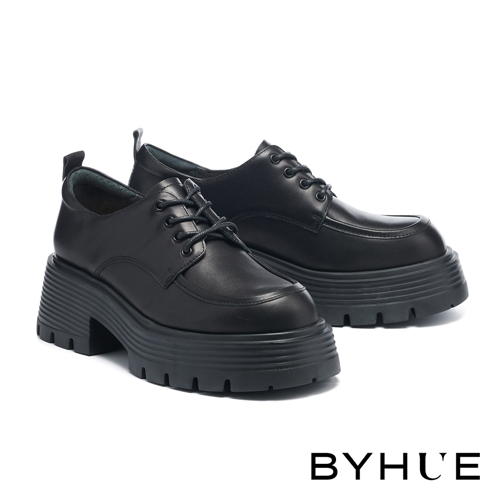 厚底鞋  BYHUE 質感系復古時髦純色綁帶牛皮軟芯厚底鞋－黑