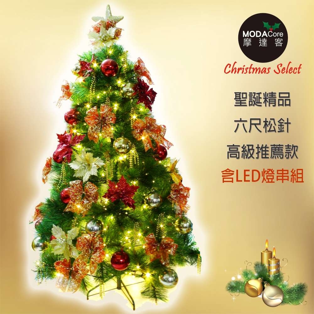 摩達客耶誕-台灣製6尺(180cm)特級綠松針葉聖誕樹+聖誕花蝴蝶結系配件+100燈LED燈暖白光2串(附控制器)高級豪華組