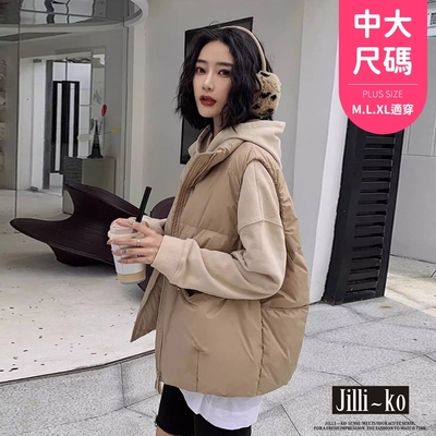 JILLI-KO 韓版簡約立領口袋拉鍊夾棉背心女無袖鋪棉中大碼- 卡其/黑