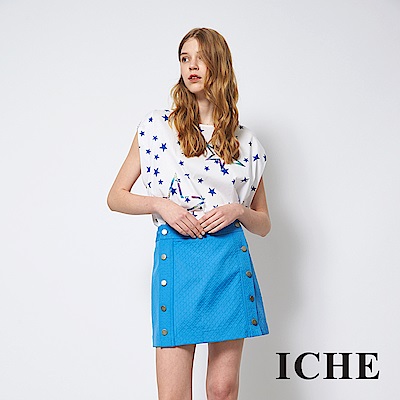 ICHE 衣哲 時尚暗紋雙排釦靚藍鉛筆裙