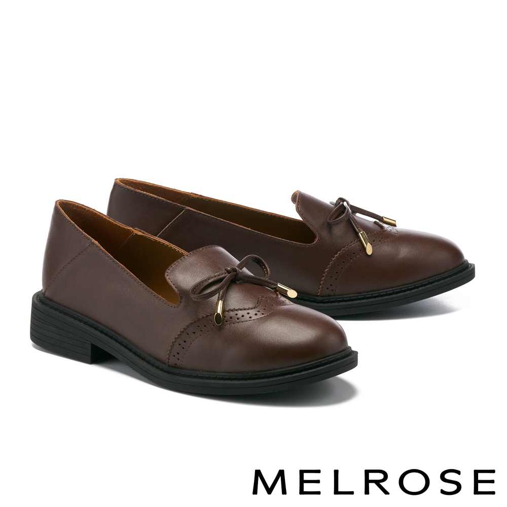 低跟鞋 MELROSE 經典復刻蝴蝶結沖孔全真皮低跟鞋－棕