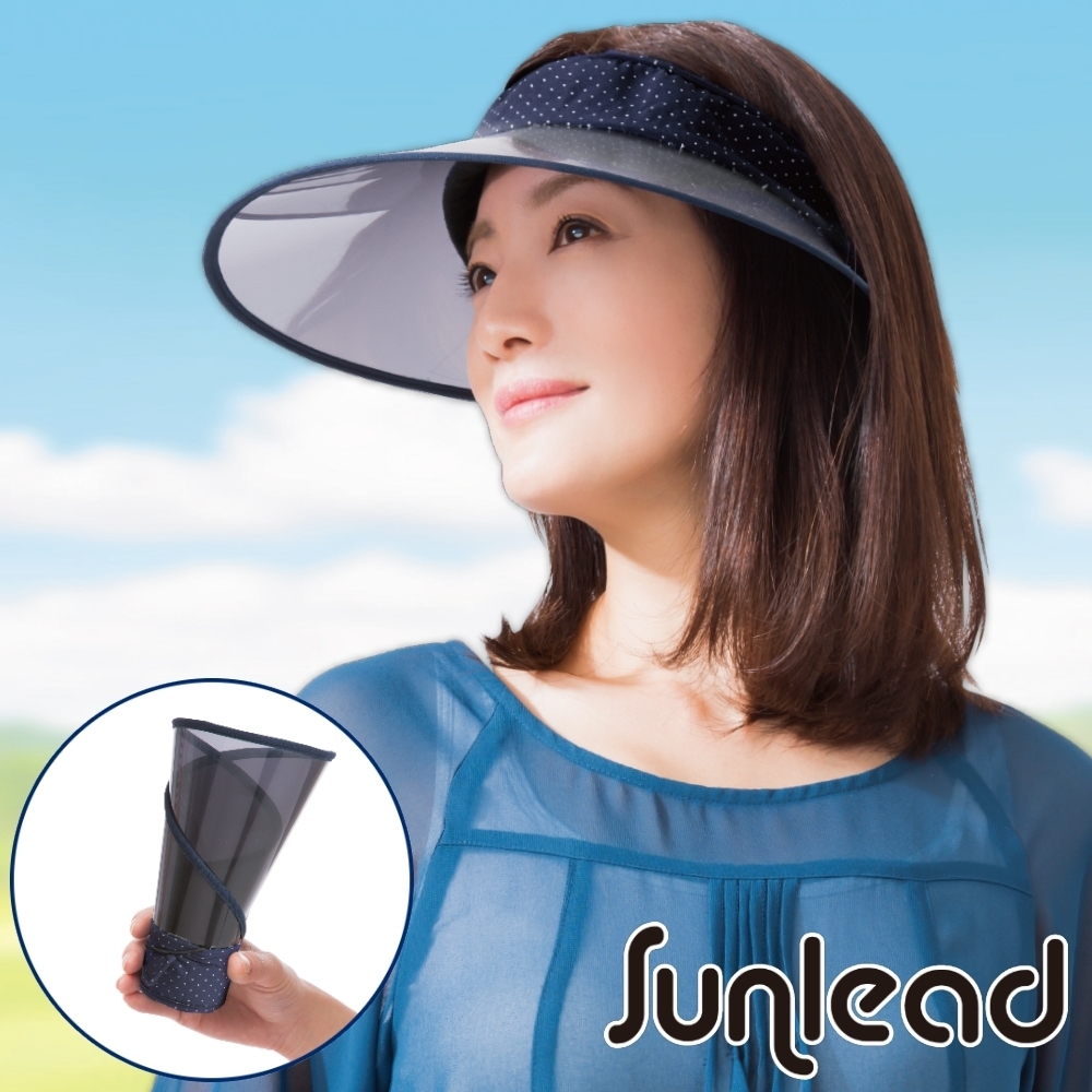 Sunlead 可捲曲收納。防曬涼感透明長帽簷中空帽 (藍色白點點)