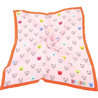 MOSCHINO 多彩泰迪熊印花橘框粉色真絲方巾 圍巾(90x90)