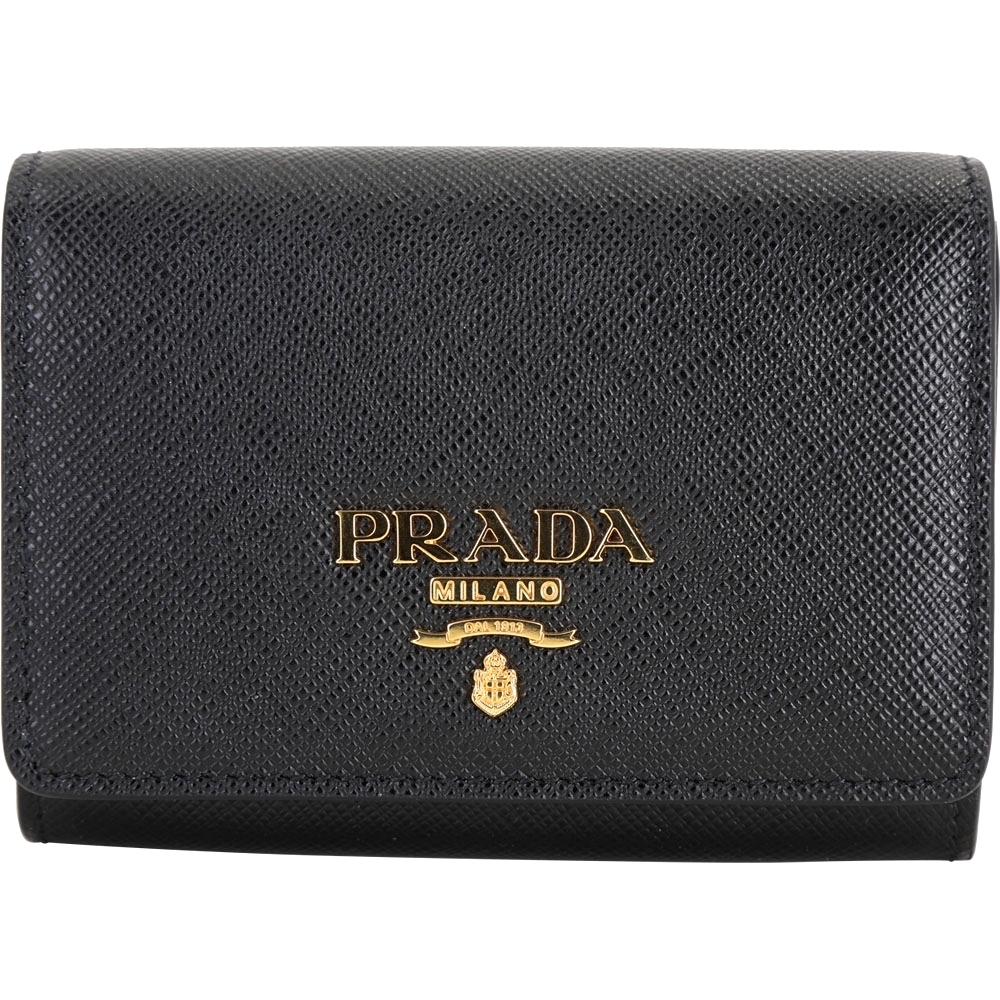 PRADA Saffiano 金字牛皮釦式零錢袋卡片夾(黑色)