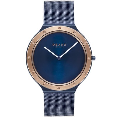 OBAKU 簡單生活米蘭時尚腕錶-藍X玫瑰金-V285GXSLML-42mm