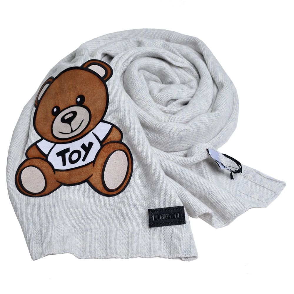 MOSCHINO 義大利製混喀什米爾大熊TOY圖騰針織圍巾(淺灰色)