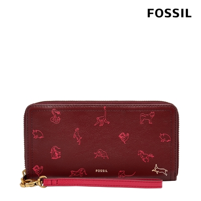 FOSSIL Logan 十二生肖印花真皮拉鍊長夾-紅絲絨色 SL8249627