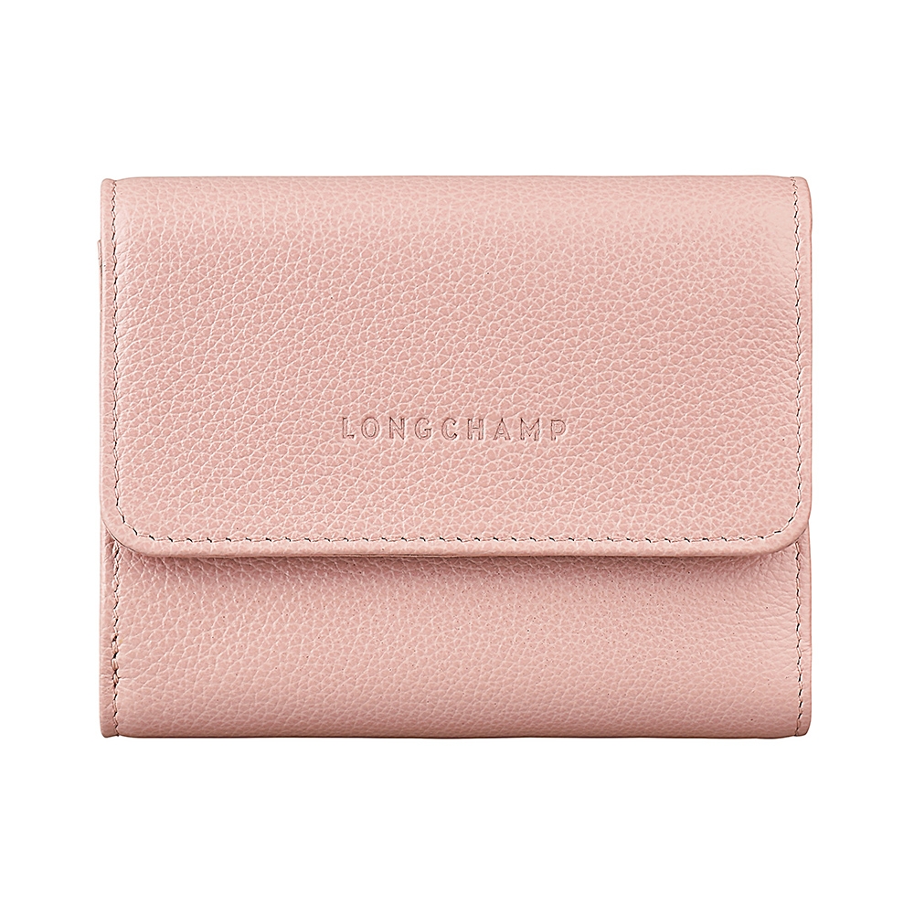 LONGCHAMP LE FOULONNE壓印LOGO荔枝紋牛皮6卡扣式短夾(淡粉)