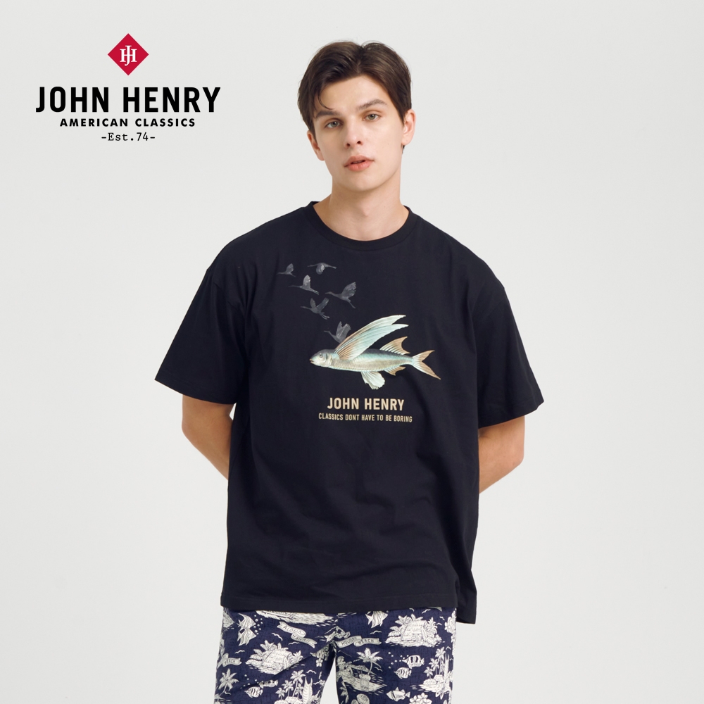 JOHN HENRY FlyingFish落肩短袖T恤-黑色 (黑色)