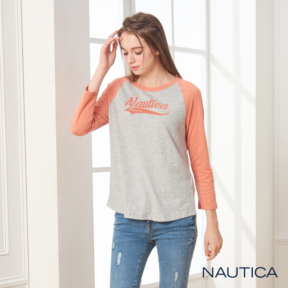 Nautica女裝經典LOGO七分袖棒球TEE-橘色