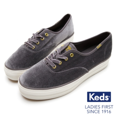 Keds TRIPLE 天鵝絨厚底休閒鞋-灰