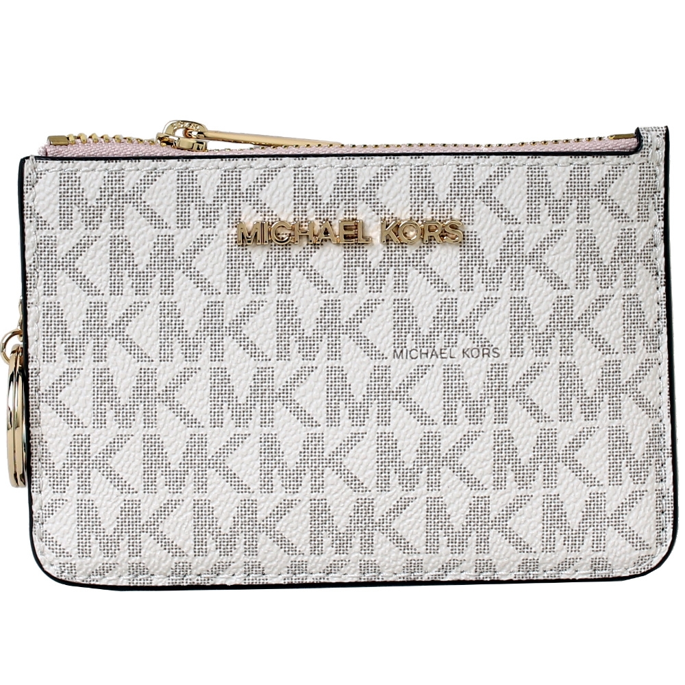 MICHAEL KORS JET SET卡片吊飾金字LOGO滿版零錢包卡夾包-白X粉