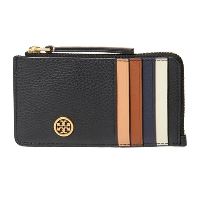 TORY BURCH Robinson 荔枝紋皮革拼色拉鍊卡片夾(經典黑)