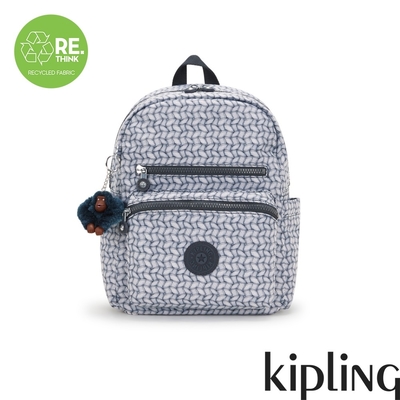 Kipling 藍白時尚幾何圖騰雙前袋後背包-JUDY M