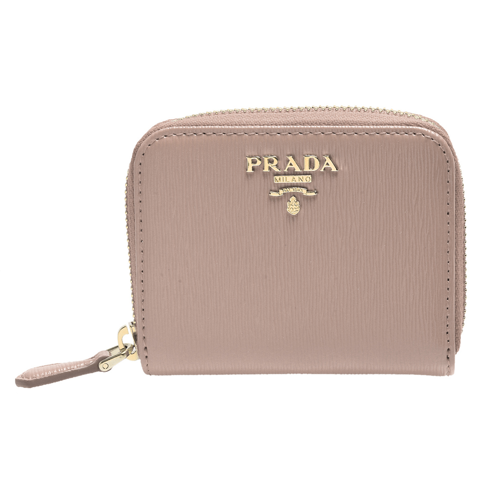 PRADA 經典金色浮雕LOGO直紋牛皮拉鍊卡夾/零錢包(裸粉色)