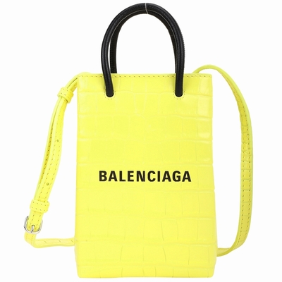 BALENCIAGA 迷你款 字母印花鱷魚紋牛皮斜背手機包(螢光黃)