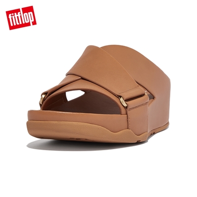 【FitFlop】SHUV LEATHER CROSS SLIDES 簡約造型交叉皮革涼鞋-女(拿鐵棕褐色)