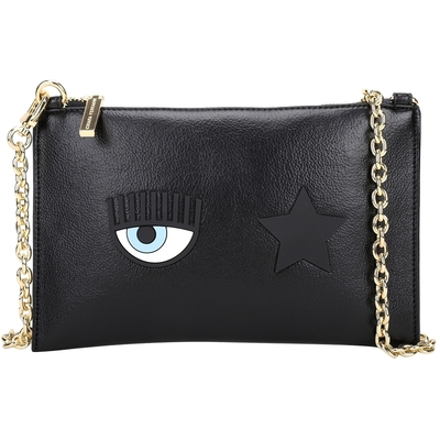 Chiara Ferragni Eye Star 矽膠眨眼星星油蠟皮革鍊帶手拿包/斜背包(黑色)