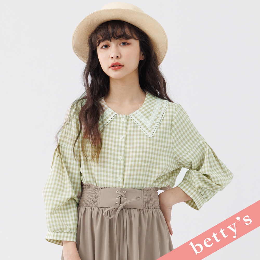 betty’s貝蒂思　格紋蕾絲劍領泡泡袖襯衫(淺綠色)