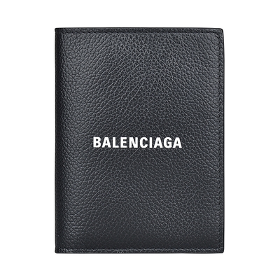 BALENCIAGA 巴黎世家 字母印花LOGO小牛皮3卡對折短夾(黑)