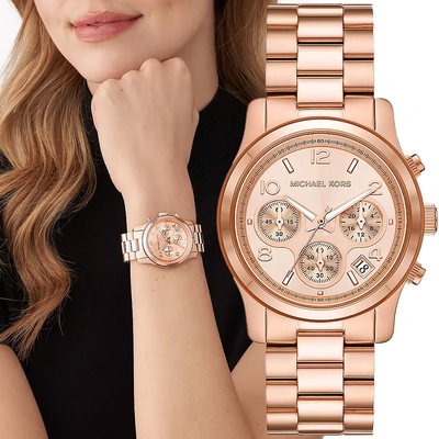 Michael Kors Runway 玫瑰金三眼計時女錶 送禮推薦-38mm MK7324