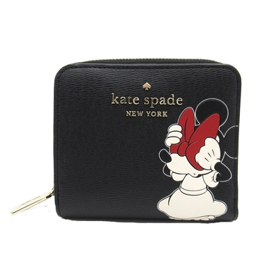 KATE SPADE 迪士尼聯名米妮皮革對開ㄇ型拉鍊釦式短夾(黑色多色)