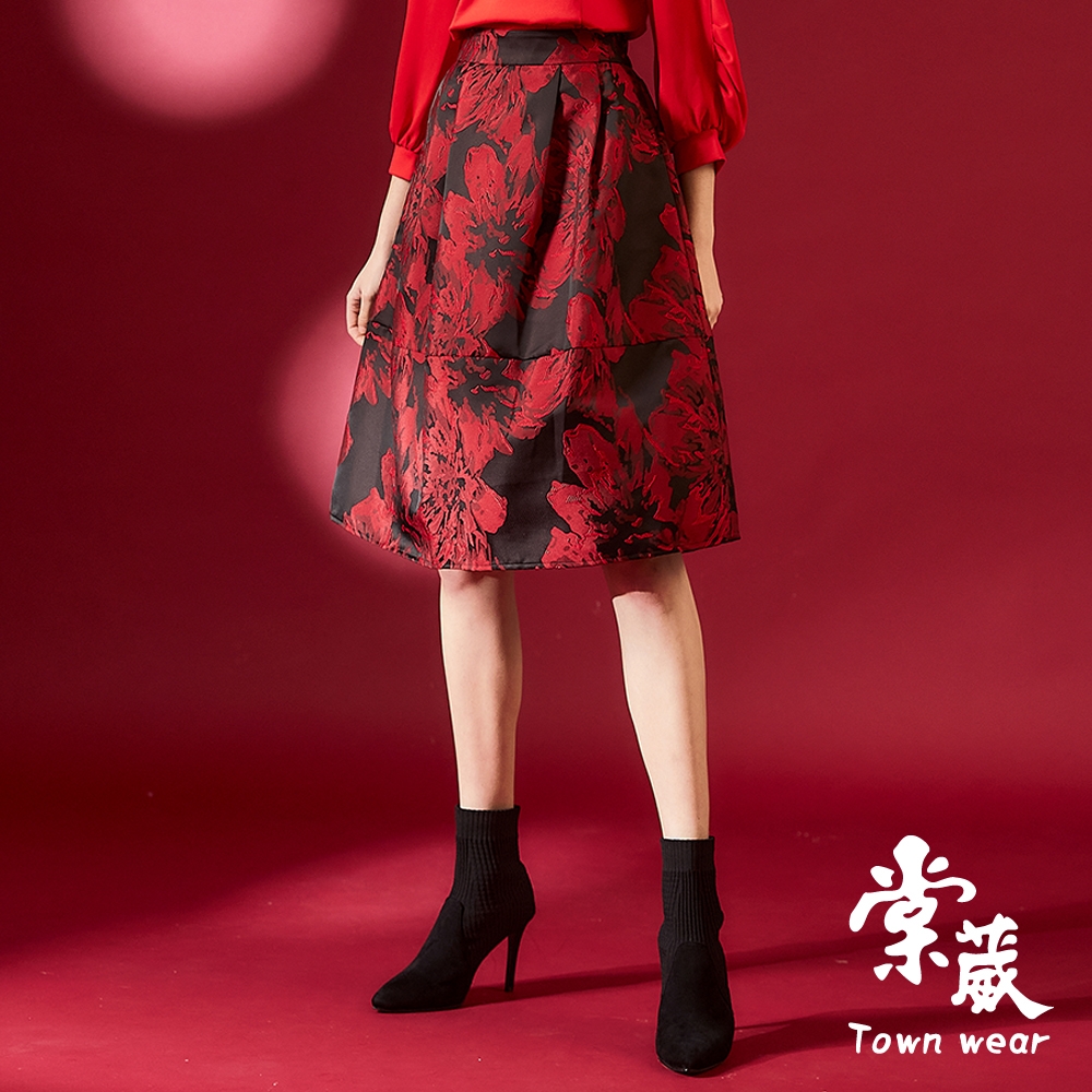 【TOWNWEAR棠葳】高雅滿版刺繡花卉中長裙(女下身/女下著/拉鍊/口袋/裙子)