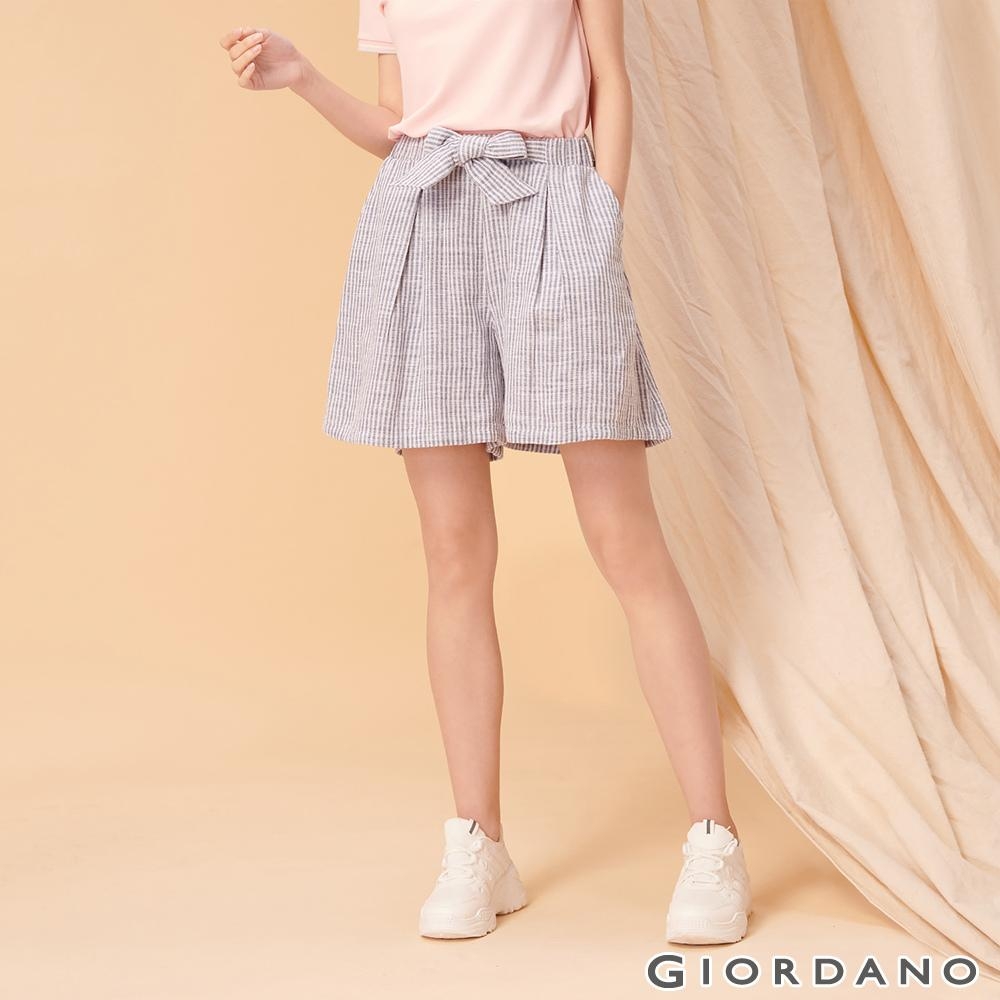 GIORDANO 女裝棉麻蝴蝶結綁帶短褲-61 藍白條紋