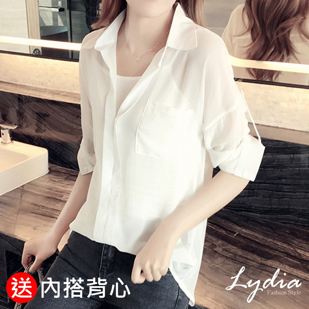 【Lydia】長袖寬鬆中長款雪紡上衣襯衫+送莫代爾背心(白/黑 M.L.XL.2L)