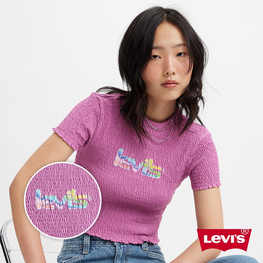 Levis 女款 修身短版T恤 / 手工皺紋紙質感 / 復古彩色LOGO 葡萄紫