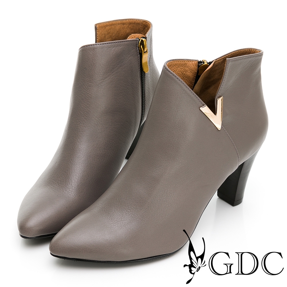 GDC-性感V勢力美型真皮金釦側開衩秋冬短踝靴-灰色
