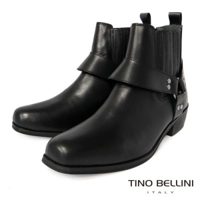 TINO BELLINI 男款 牛皮粗曠率性方頭短筒靴-黑